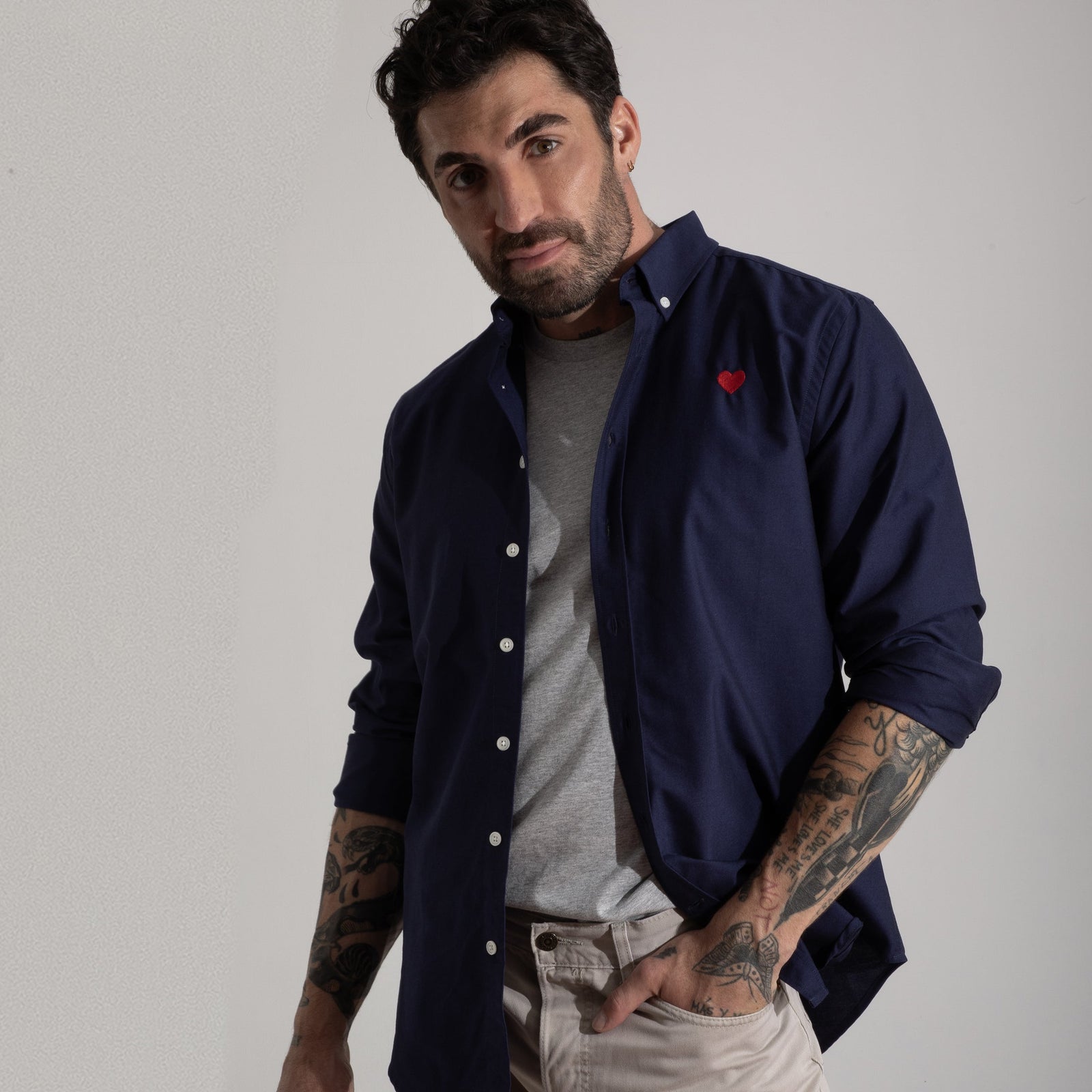 Heart Embroidered Navy Oxford Shirt