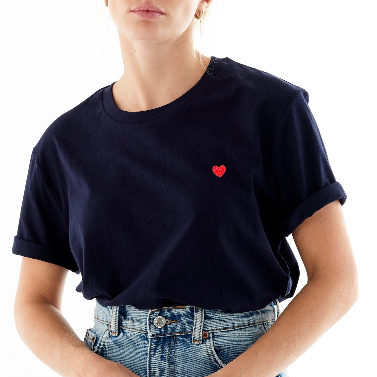 Heart Embroidered Navy T-Shirt